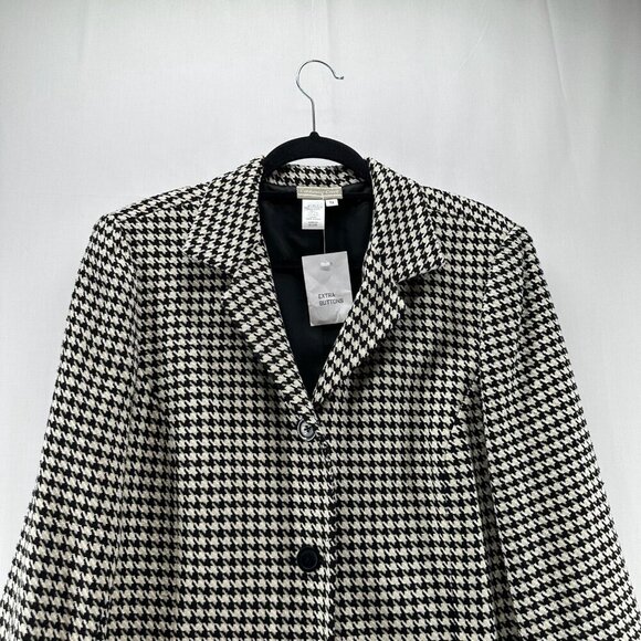 Coldwater Creek Overcoat Womens 14 Silk Wool Fully Lined Houndstooth Black White - Picture 4 of 11